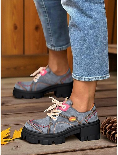  Pantofi casual damă din piele naturală verde, cu talpă groasă și șireturi – pantofi retro din piele Oxford pentru modă de toamnă și plimbări în aer liber