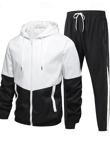  Herre 2-delt treningsdress Lounge-hettegenser Joggedresssett med lomme Fargeblokk Treningsdrakt Vår Svart Militærgrønn Treningsstudio Trene Løp Høy Midje Lettvekt Mote Langermet Sport Sportsklær