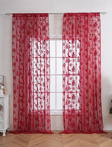  וילונות דקורטיביים אדומים לחג המולד, וילונות חלון לחג בסגנון אמריקאי, תחרה שקופה מסנטה קלאוס לקישוט הבית החגיגי