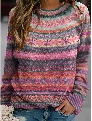  Femmes Pull Occasionnel Graphique Géométrique Rayé Col ras du cou Patchwork Tricoté manche longue Hauts Réguliers Tricoter Travail Jaune Rose Claire Automne Hiver