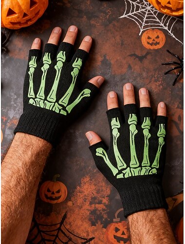  Pánské halloweenské rukavice bez prstů s motivem kostry – elastické fleecové protiskluzové pletené palčáky na cosplay, párty a outdoorové nošení