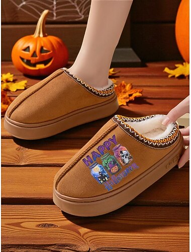  pantofole da donna in pile per Halloween: comode pantofole da casa con stampa "happy halloween", calda fodera in peluche per la casa e le feste