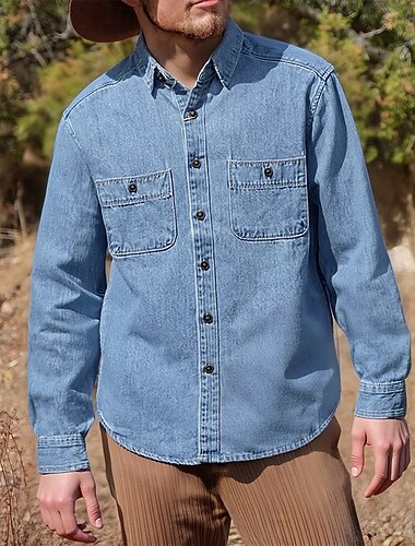 Men's Shirt Casual Shirt Button Up Shirt Denim Shirt Dark Blue Light Blue Long Sleeve Plain Lapel Vacation Hawaiian Pocket Clothing Apparel Polyester Fashion Casual Comfortable   Men's Shirt Casual Shirt Button Up Shirt Denim Shirt Dark Blue Light Blue Long Sleeve Plain Lapel Vacation Hawaiian Pocket Clothing Apparel Polyester Fashion Casual Comfortable