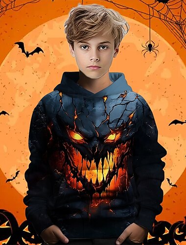  Sudadera con capucha con estampado 3D de Halloween para niños, manga larga, moda urbana para primavera y otoño, para niños de 4 a 12 años, con capucha, para exteriores, informal, para uso diario, corte regular