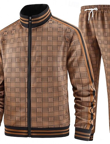  Férfi Kockás Mértani 2db 3D pulóver készletek Tracksuit Cipzáras pulóverek Hosszú ujj Hosszú nadrág Állógallér Alkalmi Napi Szabadtéri Vakáció Sport Becipzároz 3D nyomtatás Tavasz Ősz Sötétbarna