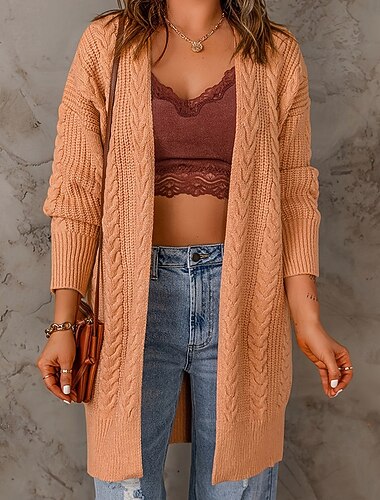  Mujer Pulóveres Cárdigan Moda Ropa de calle Diario Color sólido Estriado Frente Abierto De Punto Manga Larga Tops largos Tejer Festivos Noche Fin de semana Naranja Otoño Invierno