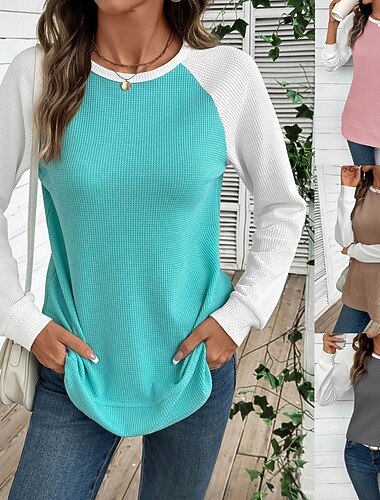  Dame T skjorte Fargeblokk Mote Stilfull Klassisk Langermet Rund hals Vanlige topper Daglig Helg Rosa Himmelblå Kakifarget Grå Vår Høst Vinter