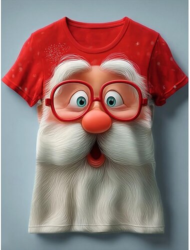  חג המולד בגדי ריקוד נשים חולצה קצרה גראפי סנטה קלאוס וינטאג' מסוגנן קלסי שרוולים קצרים צווארון עגול קצר צווארון עגול חולצות רגילות יומי דפוס אודם כחול סקיי לבן שמנת סתיו חורף