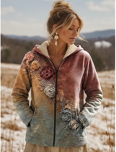  Damen Pullover Hoodie Sweatshirt Floral Freizeit Langarm Kapuze Regular Oberteile Casual Sport Tasche Hellgrün Pink Khaki Herbst Winter