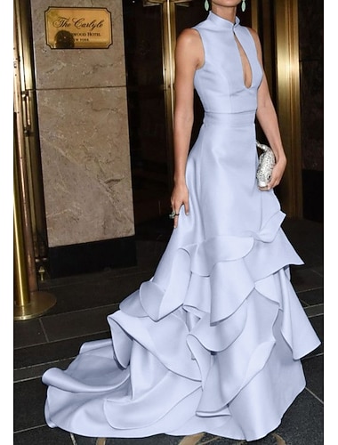  Abito da gala sirena  tromba abito da tappeto abito formale matrimonio strascico finto collo in satin con volant bottoni coperti