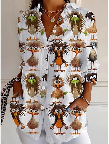  פסחא בגדי ריקוד נשים חולצה גראפי חיה אלגנטית בוהמיה וינטאג' שרוול ארוך צווארון חולצה חולצות רגילות עבודה יומי כפתורים דפוס לבן צהוב פול אביב סתיו חורף