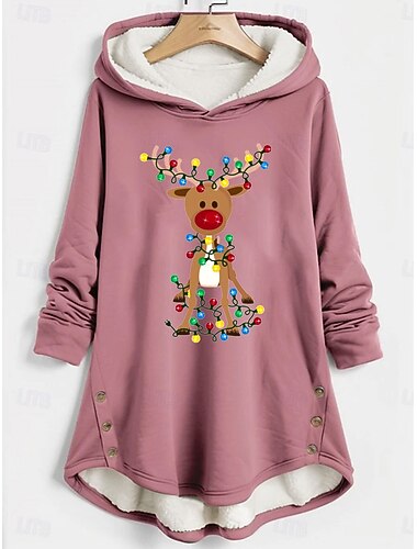  Dame Pullover hettegenser-genser Grafisk Reinsdyr Jul Varm Fritid fuzzy Langermet Med hette Lange topper Avslappet Sport Trykt mønster Rosa Blå Grå Høst Vinter