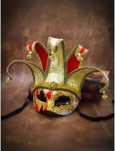  Venetiansk narrmaske for kvinner med gulldetaljer og bjeller, barokkstil maskeradekostymetilbehør til halloween-fest