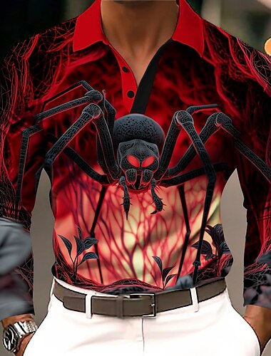  חג ליל כל הקדושים בגדי ריקוד גברים SPIDER פּוֹלוֹ שרוול ארוך חולצות פולו דש יום יומי כהה רחוב בגדי ספורט ומנוחה לבוש יומיומי הדפסת תלת מימד כפתורים אביב סתיו חורף אודם