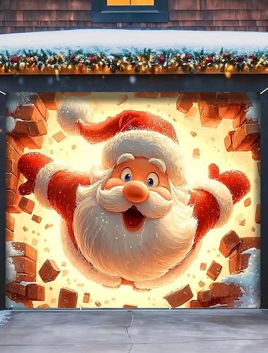  Świąteczna osłona na drzwi garażowe zewnętrzne, Święty Mikołaj, 3D, efekt zniszczonej ściany, duże tło z gobelinu, świąteczna dekoracja ścienna na drzwi garażowe zewnętrzne, wystrój domu na Boże