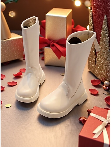  Botas de media pantorrilla de piel sintética blanca para niña, inspiradas en ídolos coreanos, con cremallera lateral y suela cómoda. Calzado de alto rendimiento para escenario, baile y ropa informal.