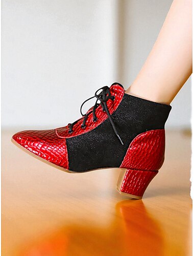  Rode en zwarte veterschoenen voor dames - lage hak dansschoenen met imitatieleer en krokodillenmotief