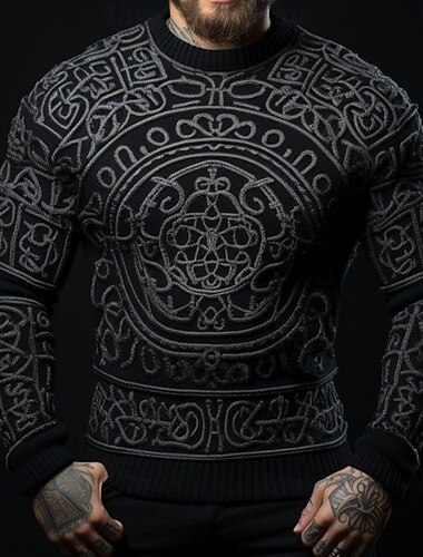  Hombre Vikingo Suéter de punto Prendas de punto Cuello redondo Retro Antiguo Casual Vacaciones Diario Impresión 3D Mantiene abrigado Manga Larga Primavera Otoño Invierno Negro