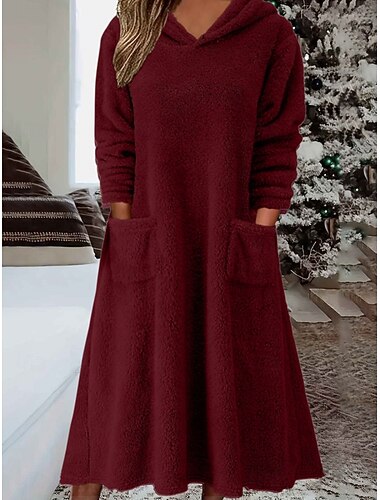  Per donna Abito Midi Abito a trapezio Abito aderente e svasato Casual Quotidiano Vestibilità comoda Semplice Manica Lunga Con Cappuccio Nero Vino Marrone Verde militare Autunno Inverno