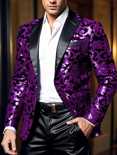  Per uomo Giacca blazer Collare di chiusura Moda Floreale Blazer Rosso Blu Viola Vestibilità aderente Monopetto Un Bottone