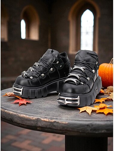  Женские готические кроссовки на платформе с металлическими деталями — массивные туфли в стиле панк на шнуровке для вечеринки в честь Хэллоуина.