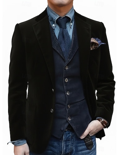  pánské sametové sako s výstřihem do V, klasické jednobarevné sako černá hnědá tmavě modrá, přiléhavý střih, jednořadé zapínání na dva knoflíky