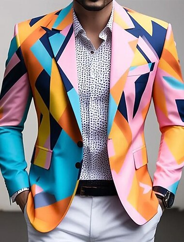  Муж. Блейзер Пальто Повседневные На каждый день Современное Наступила зима 100% полиэстер Контрастных цветов Абстракция 3D печать Пуговицы Сохраняет тепло Удобный Однобортный крой Блейзер Розовый