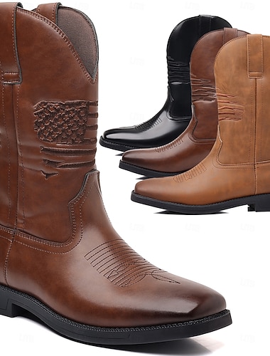  stivali da lavoro da cowboy da uomo con bandiera americana in rilievo - stivali western in similpelle marrone resistente con suola robusta per abbigliamento casual e all'aperto