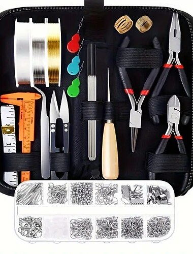  Kit per la creazione di gioielli con pinze, filo per perline, pinzette, forbici e accessori, set di strumenti fai da te per gioielli per perline, avvolgimento di fili, riparazione di collane e