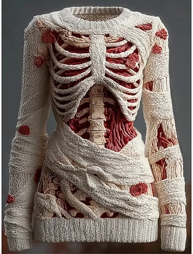  Halloween Kvinne Genser Skjelett Moteklær Casual Grafisk Skjelett Crew Neck Patches Strikket Langermet Vanlige Topper Strikket Svart Rosa Høst Vinter