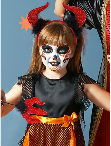  Halloween-duivelhoofdband voor dames met rode hoorns en bijpassende drietandstaf - glinsterende kostuumaccessoireset voor feesten, cosplay en maskerade-evenementen