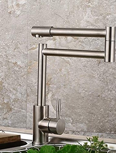  Robinet de cuisine, style moderne en acier inoxydable à une poignée, un trou, nickel brossé, robinets de cuisine rétro montés sur le pont avec eau chaude et froide