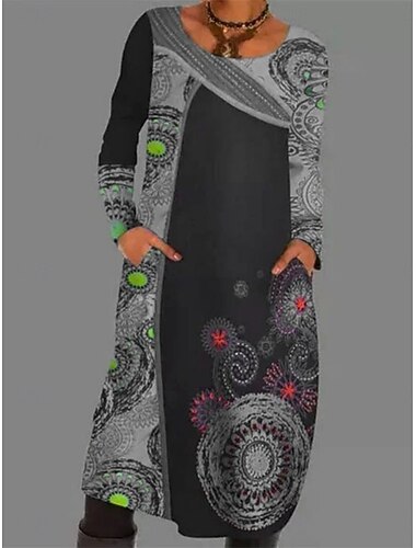  Per donna Abito Midi Abito a trapezio Casual All'aperto Uscire Vestibilità regolare Grafico Blocco di colori Manica Lunga Girocollo Vino Blu Verde Grigio Primavera Autunno