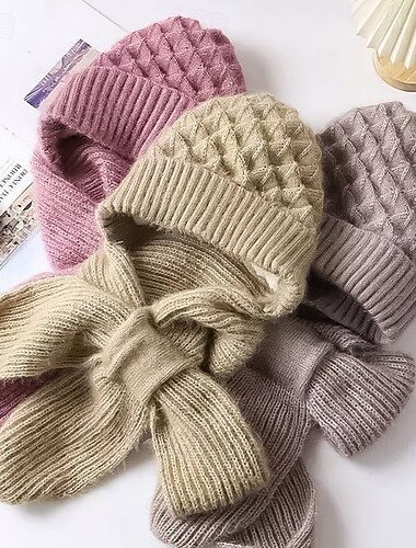  Integrated Ear Protection Windproof Cap Scarf Women Winter Hat and Scarf Knit Hat Fleece Lined Thickened Beanie With Scarf Warm Crochet Cable Knit Full Cover Outdoor Cold Weather Accessories