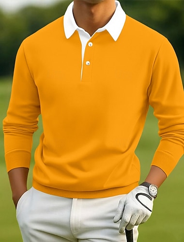  Homens Camisas Polo Camisas Polos de Golfe O negócio Casual Lapela Clássico Manga Longa Moda Básico Côr Sólida Bolsos Bloco de cor Outono Inverno Normal Castanho Escuro Preto Rosa Amarelo Azul Escuro