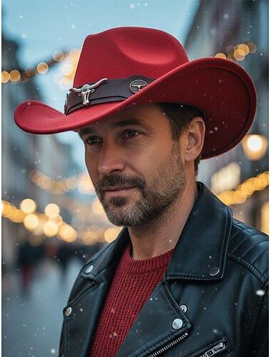  cowboy westernhatt for menn med oksehodebånd – vintage bred brem filtfedora til rodeo, utendørsstil og julegave