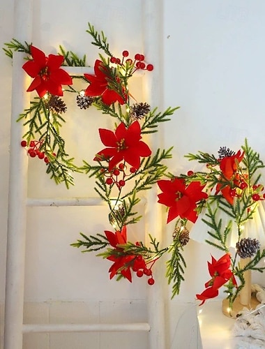  Guirlande lumineuse LED de Noël 2025, 2 m, 20 LED, aiguilles de pin, fruits rouges et fleurs, pour fête du Nouvel An, maison, balcon, porche, jardin, hôtel, fenêtre, décoration