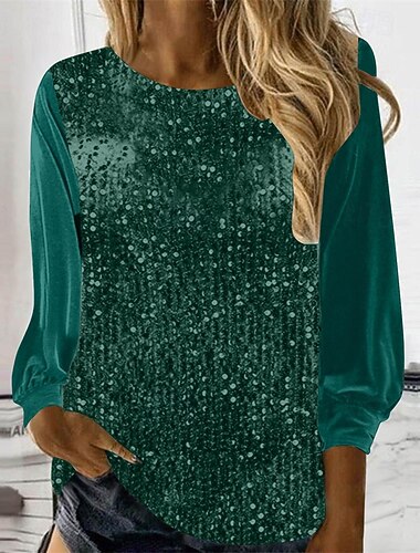  Per donna Maglietta Tinta unica Moda Elegante Classico Manica Lunga Girocollo Top Regolari Quotidiano Weekend Paillettes Patchwork Verde Primavera Autunno