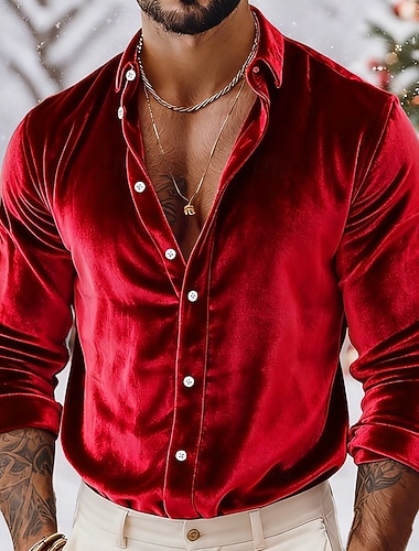  Herren Hemd Freizeithemd Weihnachts-Shirt Samthemd Wein Königliches Blau Langarm Einfarbig Einfach Hemdkragen Karneval Weihnachten Knöpfe Bekleidung Samt Polyester Weihnachten Elegant Warm Aktiv