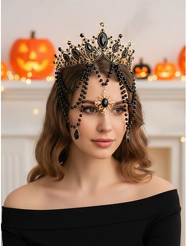  gotische kroon voor dames met zwarte kralen en rode edelstenen - vintage tiara voor Halloween-feestkostuum en cosplay