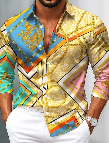  Herren Barock- Komplizierte Blumen Hemd Satinhemd Kleidhemd Langarm Vintage-Retro Urlaub Alltagskleidung Sommer Frühling Herbst Umlegekragen 3D-Druck Hemden mit Knopfleiste Gelb Blau