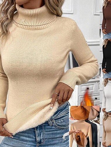  Per donna Felpa Casual Morbido Colore Puro A Coste Dolcevita Lavorato a maglia Manica Lunga Top Regolari Maglia All'aperto Quotidiano Weekend Nero Bianco Autunno Inverno