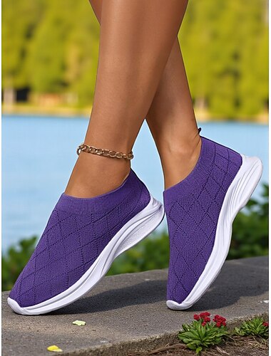  lila flyknit slip-on sneakers för kvinnor – lätta och andningsbara promenadskor för utomhussport, resor och gymträning