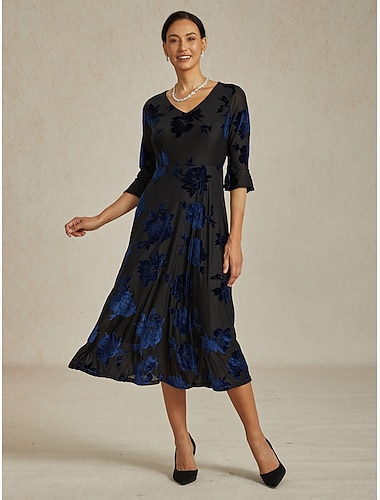  Damen-Midikleid, A-Linie, elegant, für Geburtstage, Cocktails, Hochzeitsgäste, Samt, für tägliche Cocktailpartys, normale Passform, geblümt, halbe Ärmel, V-Ausschnitt, Marineblau, Frühling, Herbst,
