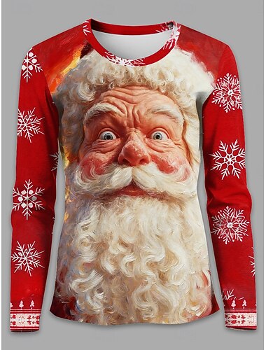  Natale Per donna Maglietta Babbo Natale Fiocco di neve Vintage Elegante Classico Manica Lunga Girocollo Top Regolari Weekend Stampato Bianco Rosso Bianco sporco Inverno