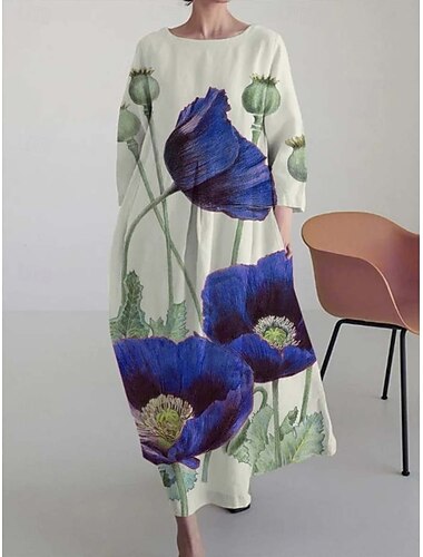  Dame Maxikjole Kjole med A-linje Fit And Flare Dress Fest Bursdag Fritid Fest Kontor Bryllupsgjest Løstsittende Blomstret Grafisk Langermet Crew-hals Gul Rød Blå Grønn Vår Høst Vinter