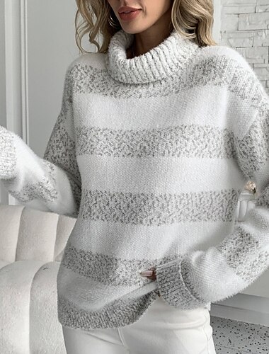  Women's Sweater Pullover Casual Soft Striped Ribbed Turtleneck Knitted Long Sleeve Regular Tops Knit Daily Holiday Weekend Light Green Pink Fall