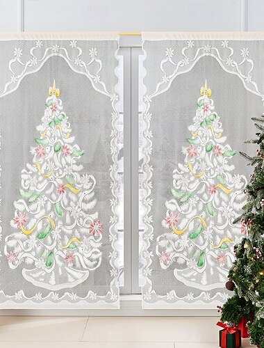  カラフルなツリーが描かれたクリスマスレースのカーテン &雪だるま、ホリデーロッドポケット半遮光カーテン、ホームデコレーション用