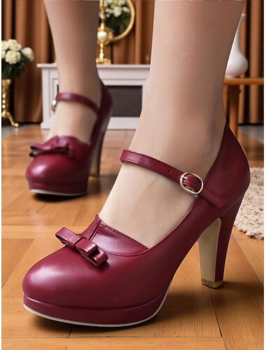  Zapatos Mary Jane de plataforma burdeos con lazo para mujer: zapatos vintage de los años 50 con tiras y punta redonda para fiestas, Navidad y looks de inspiración vintage.
