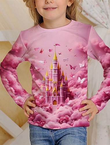  Flickor 3D Blommig Hund T-shirt Långärmad Vår Höst Mode Grundläggande Barn 4-12 år Rund hals Utomhus Ledigt Dagligen Normal